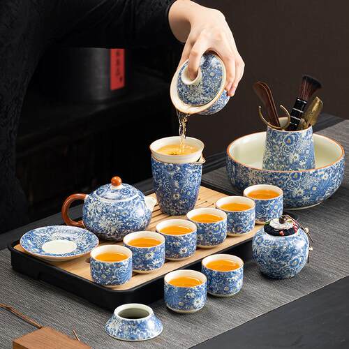 轻奢繁花黄汝茶具套装家用陶瓷开片可养复古茶盘整套功夫泡茶定印