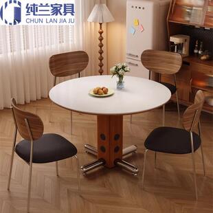复古风岩板餐桌 小户型家用客厅圆形饭桌波尔卡实木中古1米小圆桌