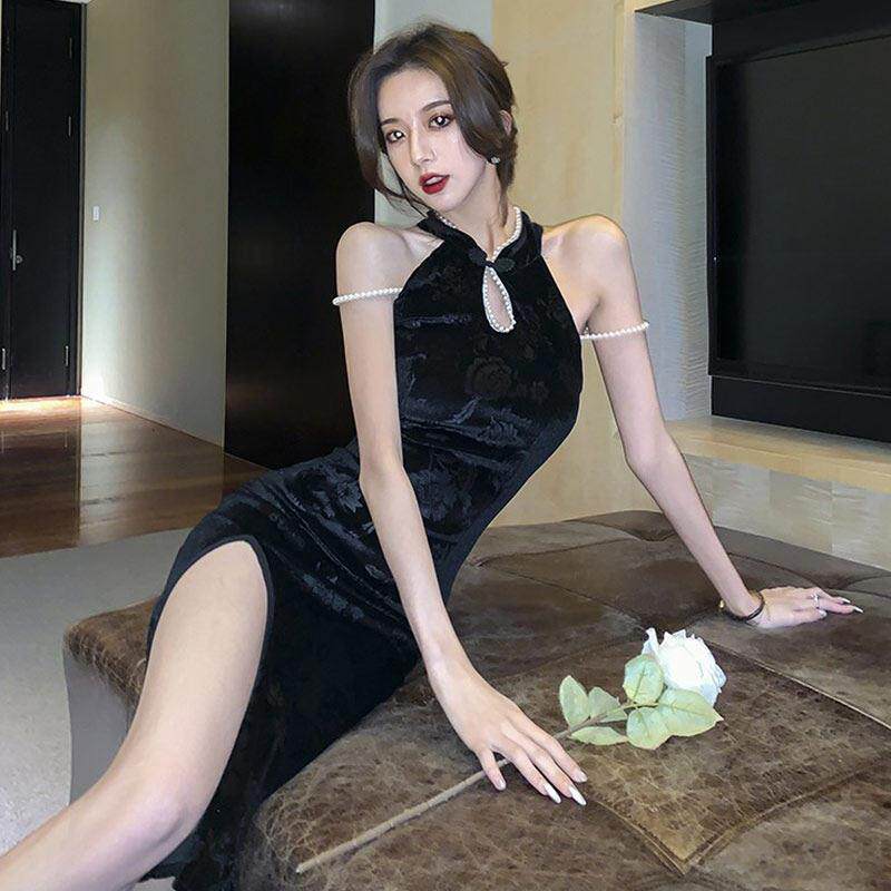 黑色旗袍晚礼服高端轻奢小众女聚会气质中国风性感中长款连衣裙