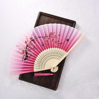 Vintage Silk Folding Fan Retro Chinese Japanese Bamboo Hand