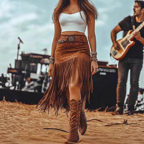 Coffee colored tassel midi skirt for women, autumn high