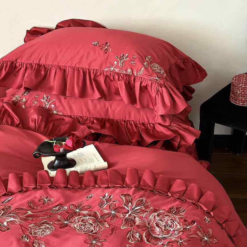 端婚庆100支长绒刺绣荷叶边全棉四件套棉棉结婚高喜纯庆1548554陪