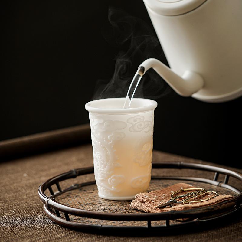 四季堂素烧亚光冰种玉瓷主人杯个人单杯龙凤呈祥杯高档白瓷浮雕杯