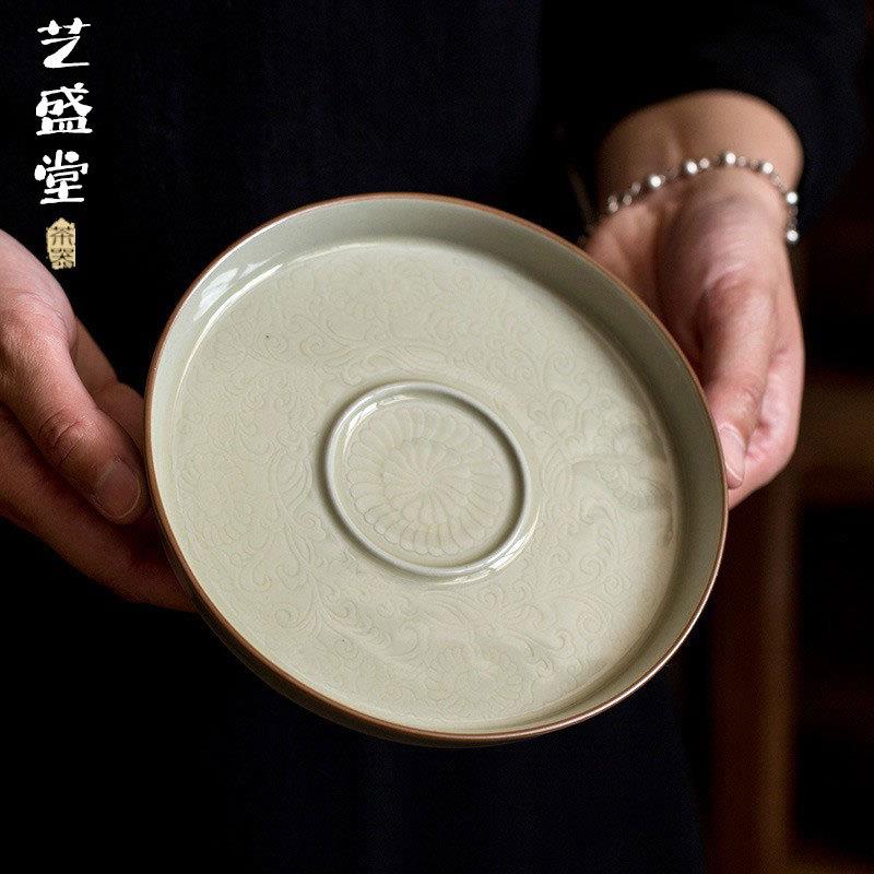 蜜合釉手工浮雕缠枝莲壶承干泡台家用陶瓷盖碗茶壶托盘复古养壶垫