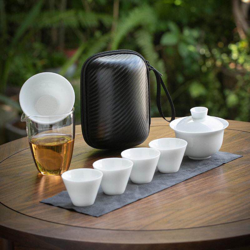 2025新款白瓷旅行茶具套装简约一碗四杯户外茶具盖碗便携式快客杯