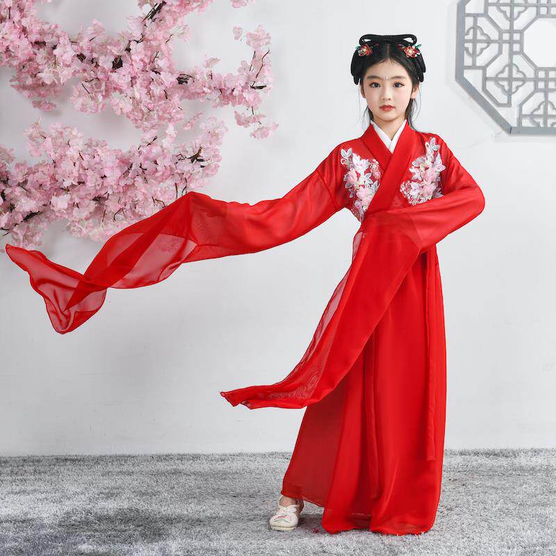 高档典水粉袖舞蹈服女童儿童古舞红色色演服长袖子中国舞古装出戏