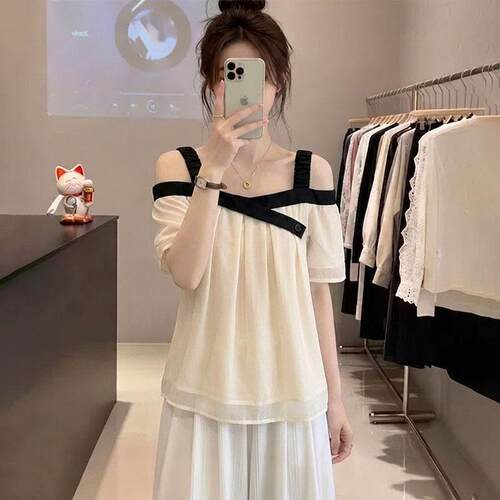 短袖2026夏装大码胖MM洋气露肩雪纺衫女感宽松遮肚子显瘦上0625d