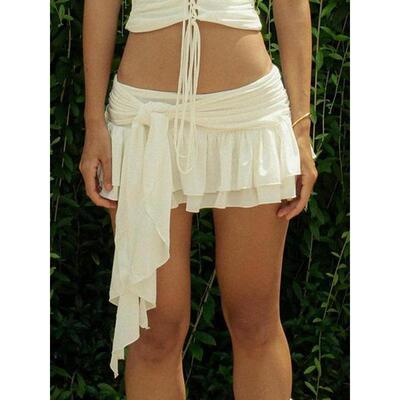Women's Solid Color Tiered Layer Knot Side Skirt Casual