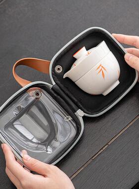 手绘红叶白瓷快客杯旅行茶具随身户外露营一壶一杯便携式喝茶装备