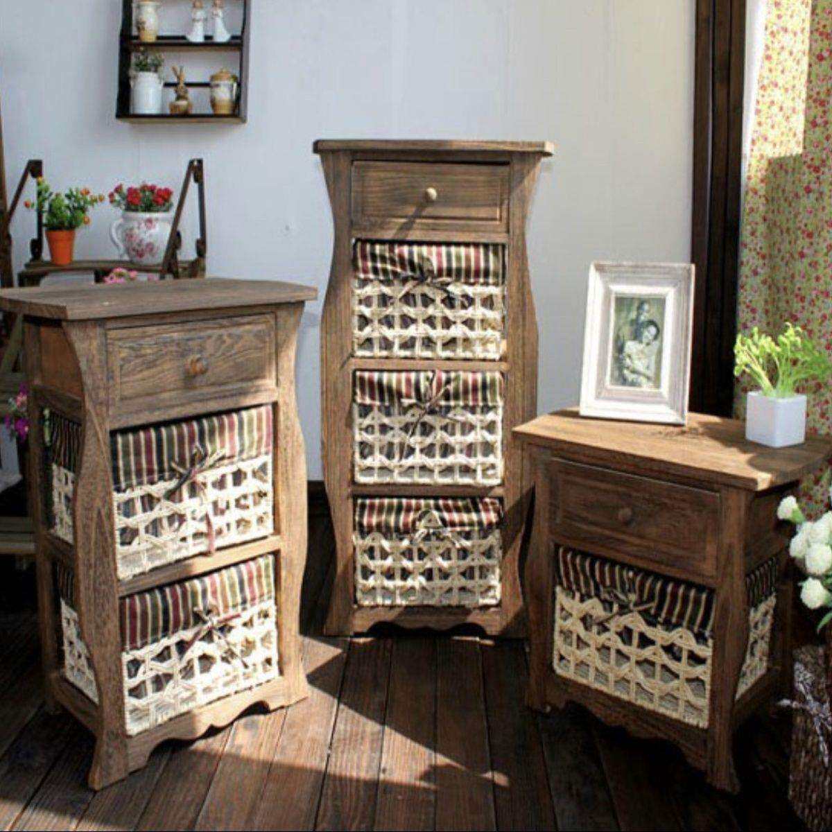 复古实木床头柜田园藤编经济型收纳柜卧室斗柜客厅摆件小柜子花架