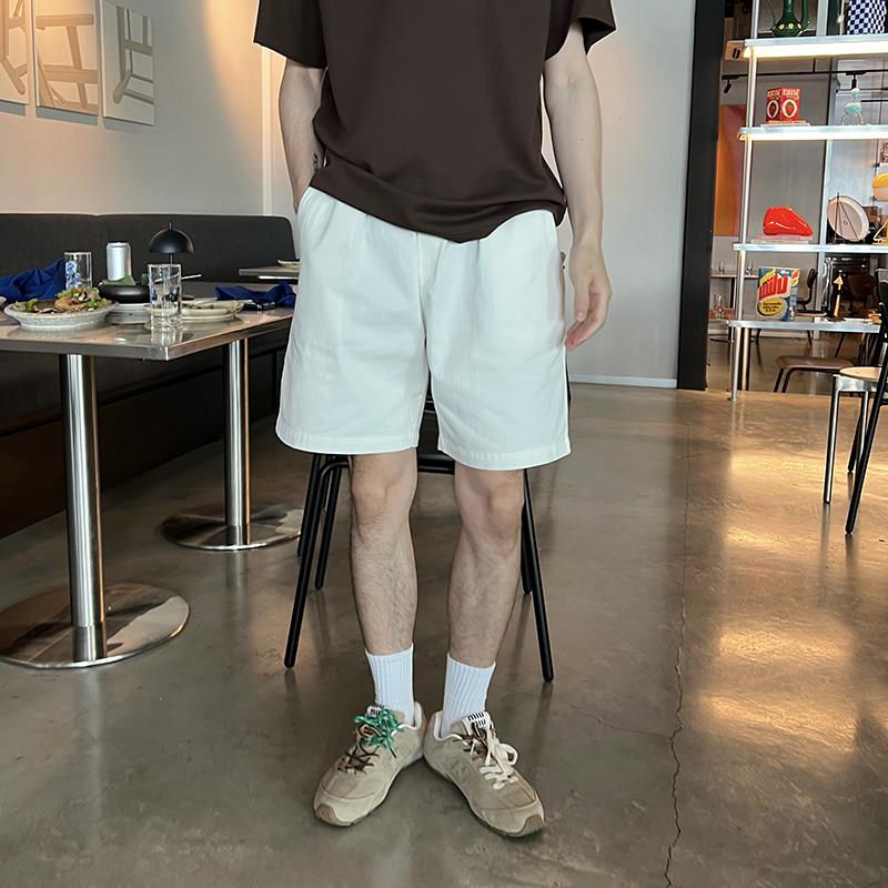 王几又 松紧带白色短裤休闲 裤男生夏季新款美式宽松直筒百搭简约