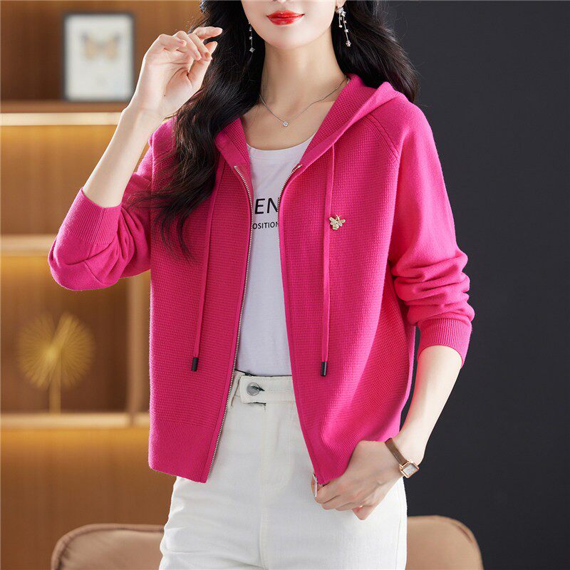 玫红色连帽运动衫外套女2025秋季新款小个子开 衫短款宽松针织棒