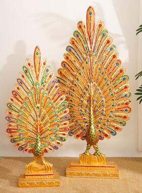 东南亚风格装饰品泰国孔雀开屏摆件客厅卧室桌面摆设实木雕软装饰