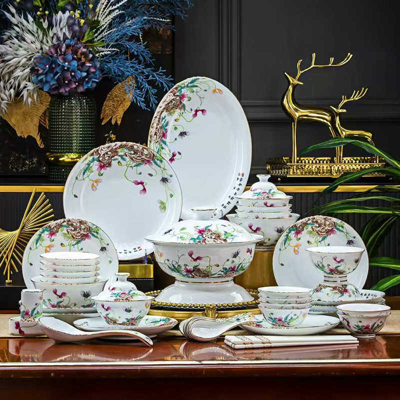 奢60头高档批发送礼碗家用盘碟轻陶瓷餐具套装乔迁2024新款景德镇,餐饮具,餐具瓷器套装,淘宝优惠券,粉丝福利购,淘宝优惠卷