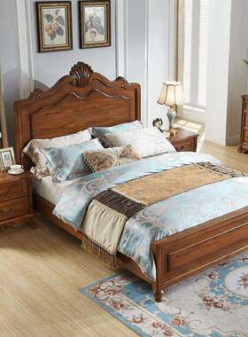 W7美式实木床卧室1.5/1.8米全实木大床1米5床欧式床主卧婚床双人