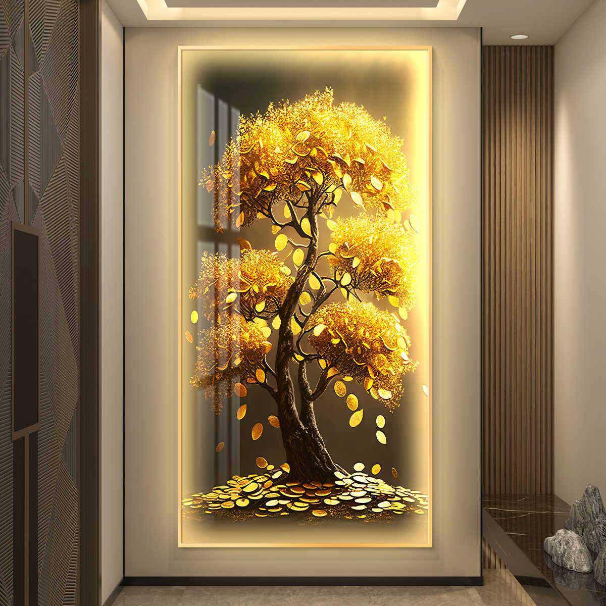 轻奢入户玄关装饰画摇钱树led带灯壁画简约现代走廊过道竖版挂画