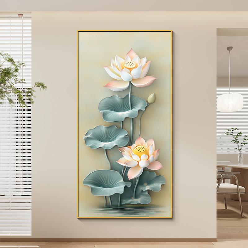 荷花九鱼图玄关装饰画新款新中式鲤鱼招财聚财挂画入户正对门墙画