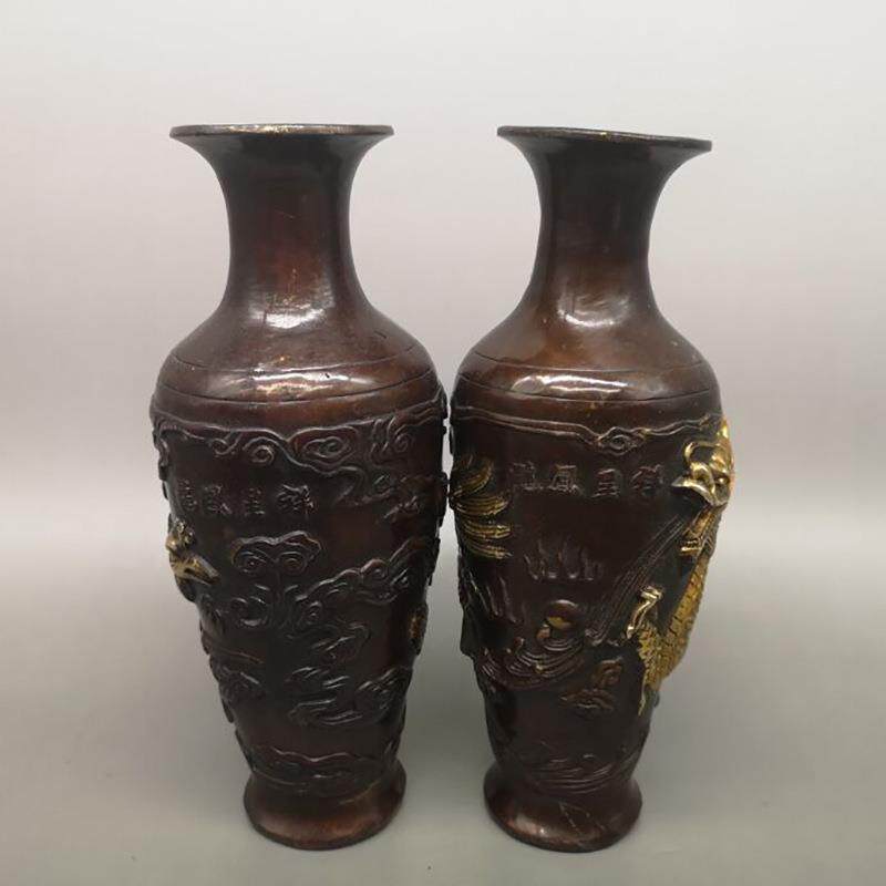 仿古铜鎏金龙凤花瓶一对家居客厅摆件古玩铜器紫铜色花瓶摆设