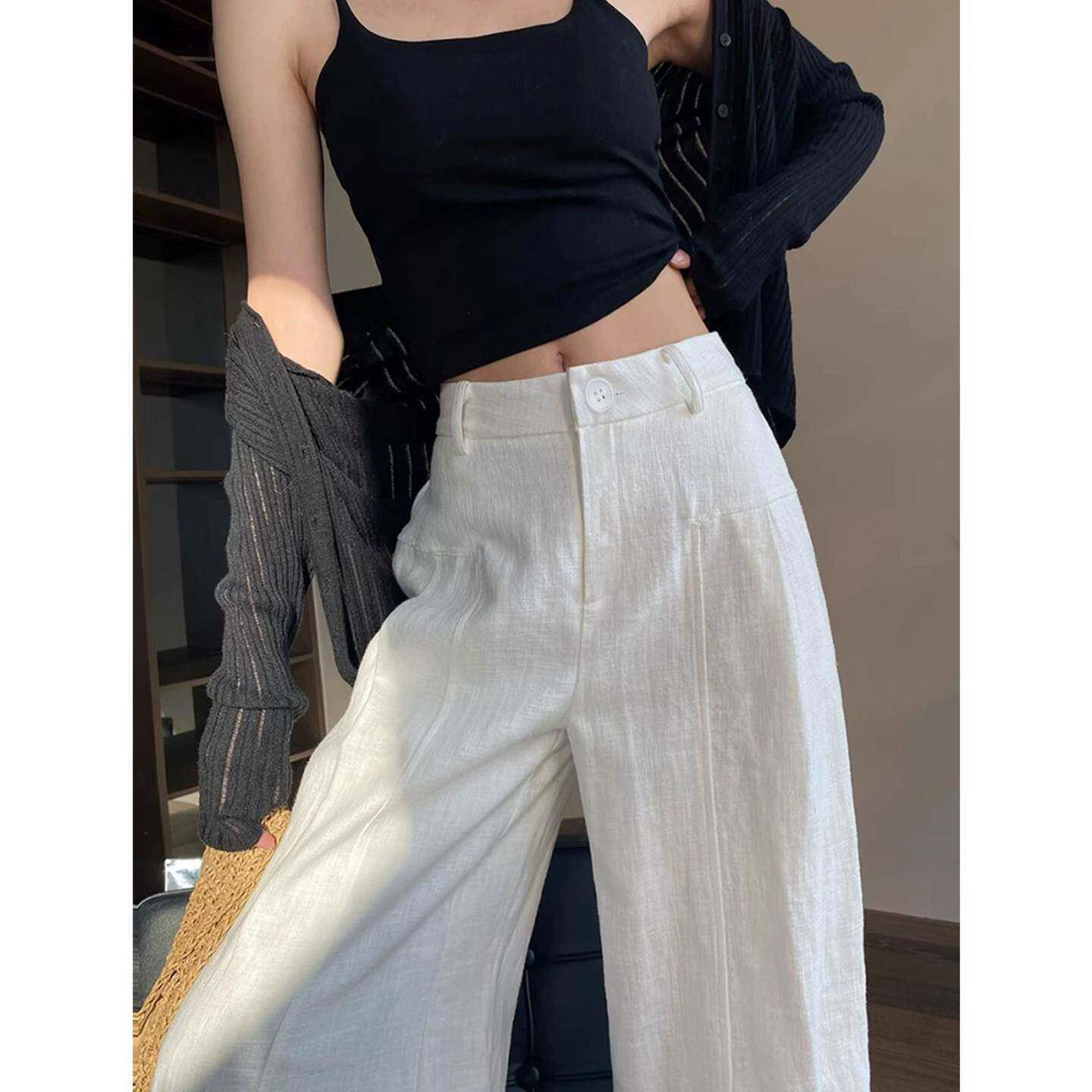 白色亚麻阔腿裤女夏季薄款高级感垂坠感老钱风直筒休闲棉麻西装裤
