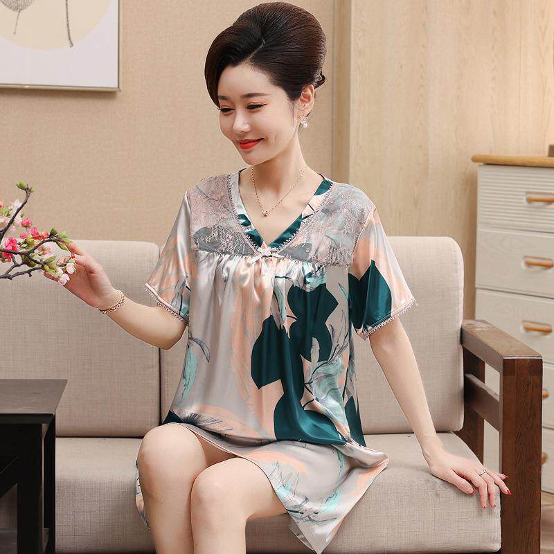中年睡裙女夏季冰丝薄款短袖妈妈中裙丝绸家居服大尺码夏天真丝睡