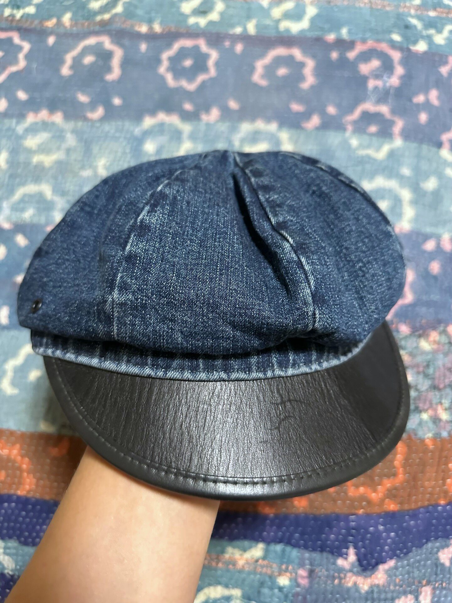 RRL Blue Denim Leather Brim Newsboy Cap