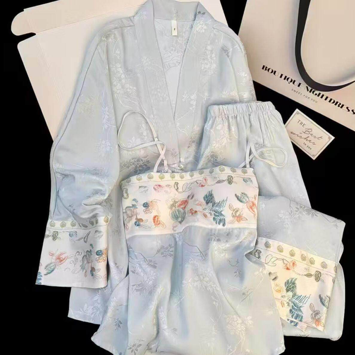 冰丝性感吊带睡衣女新中式大码胖MM三件套春秋家居服带胸垫设计