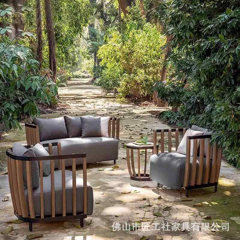 户外沙发柚木别墅休闲组合藤编椅实木茶几室外花园庭院样板房家具