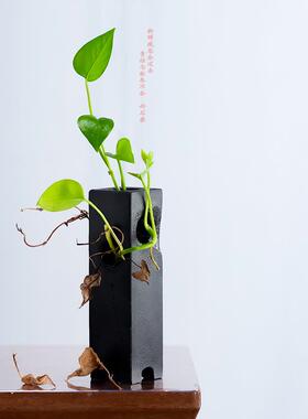 好石寨 诧寂风石头花器 乌金石 禅意桌面装饰 茶艺创意花插器绿宠