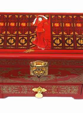 高档首饰宝盒箱复古平遥2盒014新款漆器首饰木珠质梳妆结婚红色陪