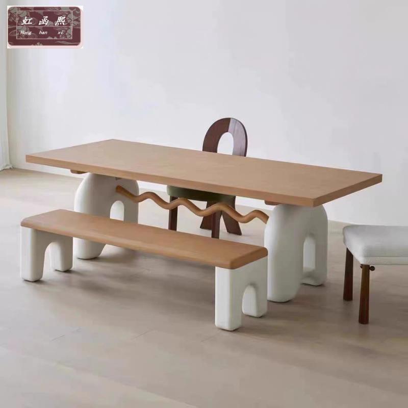 白腊木餐桌奶油家用实木书桌复古小户型法式设计师长方形北欧饭桌