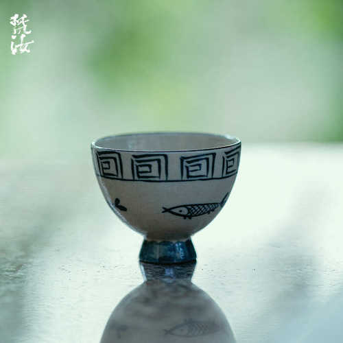 梵汝青花纯手绘海浪鱼青悠高足主人杯茶具盖碗喝茶杯茶艺品茗杯