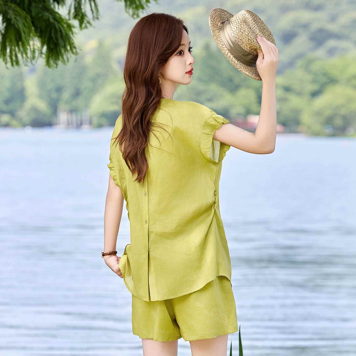 设计件感香ZGE2529Y风刺小绣上衣搭配整套女装夏新款个子苎短裤麻