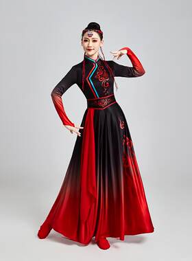 儿童成人蒙古蹈舞表演服长装背上的红领马巾蒙族款大摆裙演出