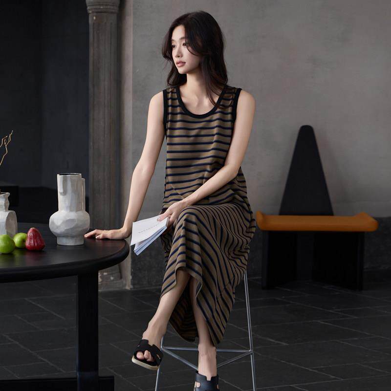 莫代尔睡裙女款2025新款夏季条纹长版可外穿带胸垫显瘦背心裙睡衣