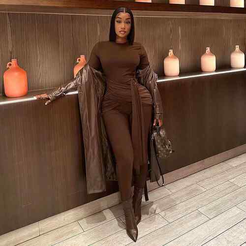 Round neck patchwork lace up metal buckle long sleeved