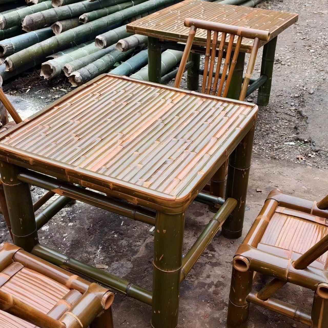 高档纯手工竹桌子茶碳化餐桌茶办公家用几庭火院锅桌复古凳子竹桌