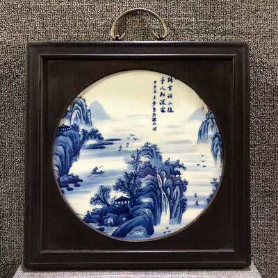 古玩古董景德镇陶瓷工艺品手工花鸟古典彩湖光山色回流瓷板画