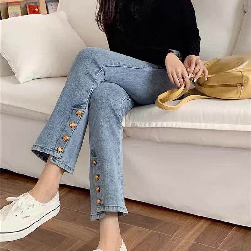 高腰微喇叭牛仔裤女装小个子设计感小众时尚显瘦窄版阔腿直筒裤子