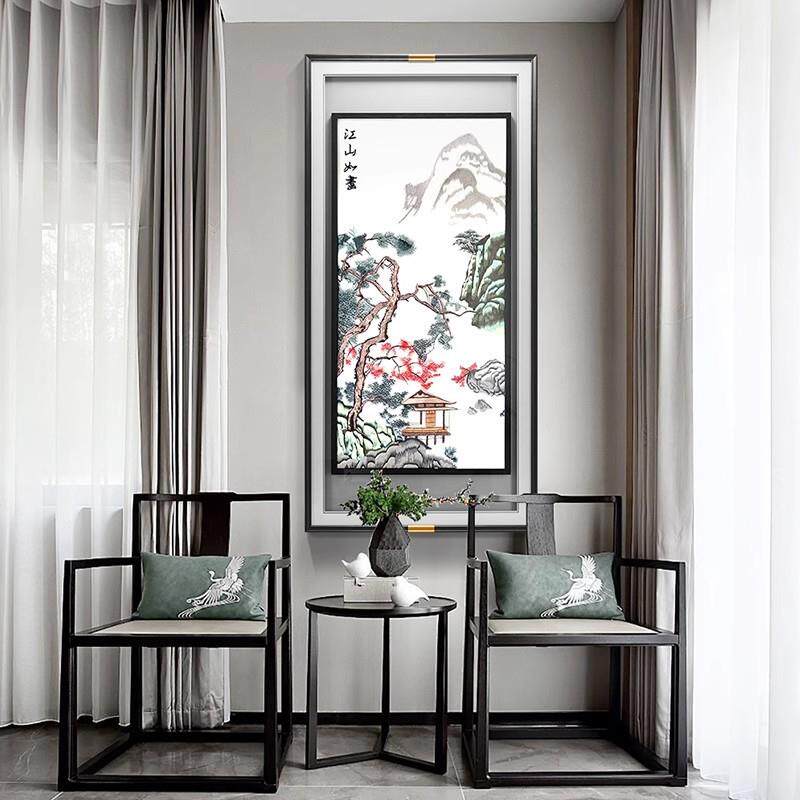 山水刺绣成品挂画入户玄关过道装饰画新中式高端客厅竖版苏绣墙画
