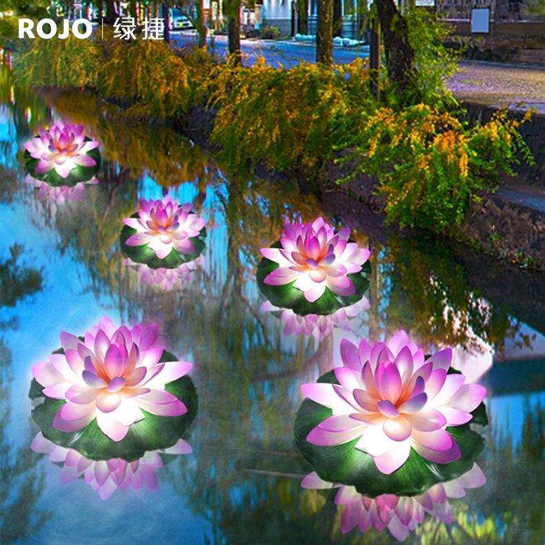 动态荷花灯户外防水景观造景装饰灯花园池塘水面漂浮太阳能莲花灯