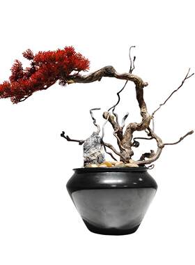 新中式禅意仿真松叶枯枝龙柳枝陶瓷花器造景酒店软装松树摆设摆件