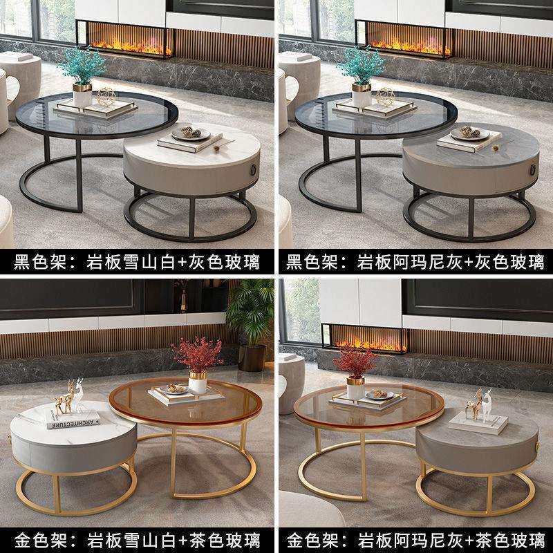 子母茶色茶几桌轻组奢岩板璃折叠客厅家用个其他/oth性圆形小户玻