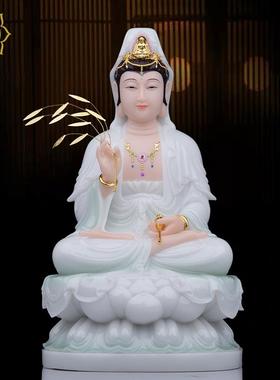 高档观菩萨佛像摆坐件汉观白玉彩绘莲观世音菩萨笑眼南海音家用摆
