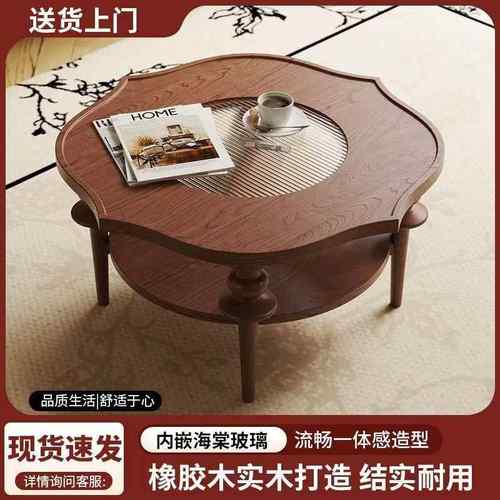 法式复古实木圆茶几客厅家用小户型小茶几美式中古茶桌小桌子边几