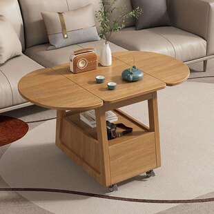 原木风可移动茶几折叠边几简约现代小户型奶油风创意圆桌小推车