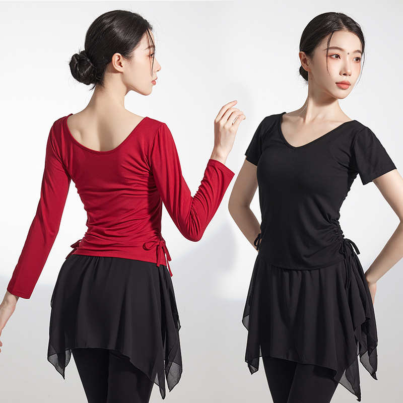 舞蹈服上衣女V领中袖修身显瘦莫代尔形体古典现代舞练功服跳舞衣