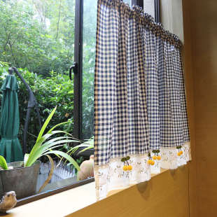 乡村半美式 杆穿柜窗帘深蓝樱桃咖啡帘遮挡小格帘帘帘门帘