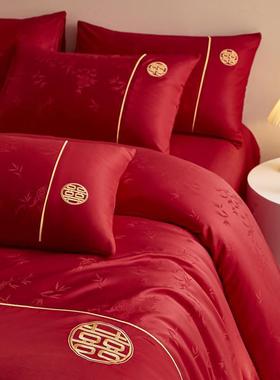 新中式竹子提花被婚色庆四件套红套新BD55136婚床单上喜被结婚床