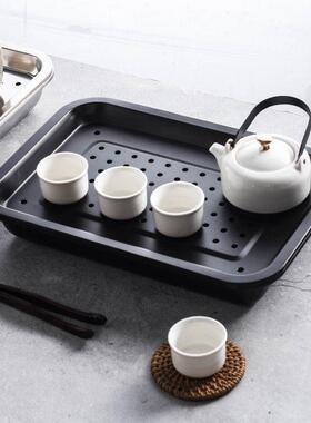 不锈钢沥水茶盘长方茶台茶托 托可携式304储水式过滤水盘家用黑色