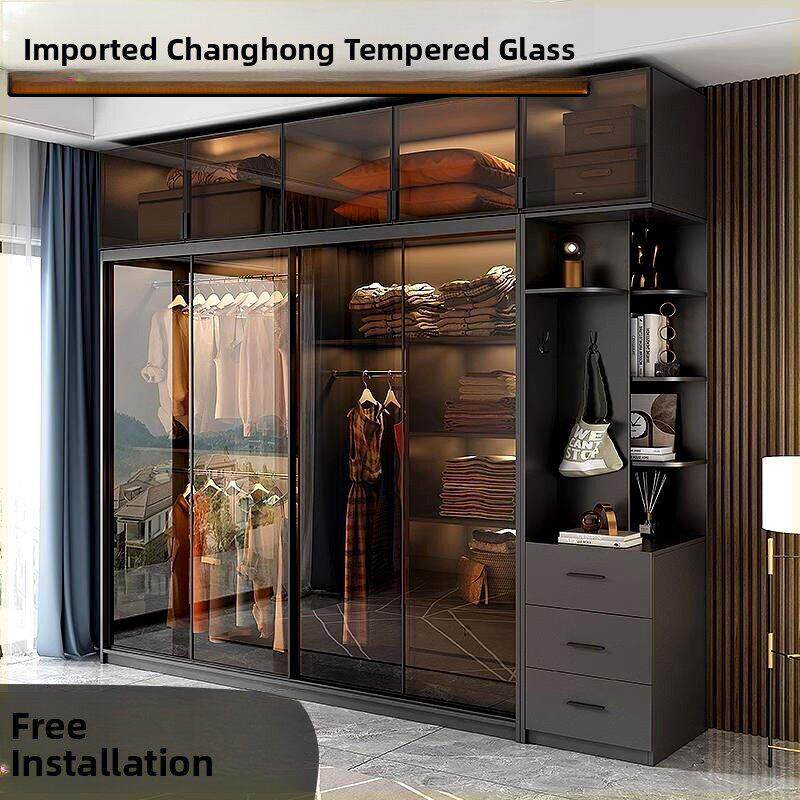 推拉门衣柜家用卧室实木现代简约轻奢意式极简玻璃门滑门移门柜子